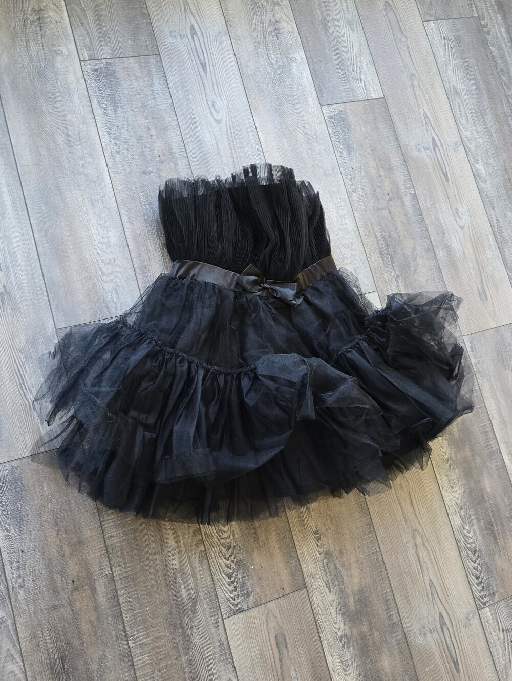 Black Tulle Ruffled Strapless Dress with Satin Waistband